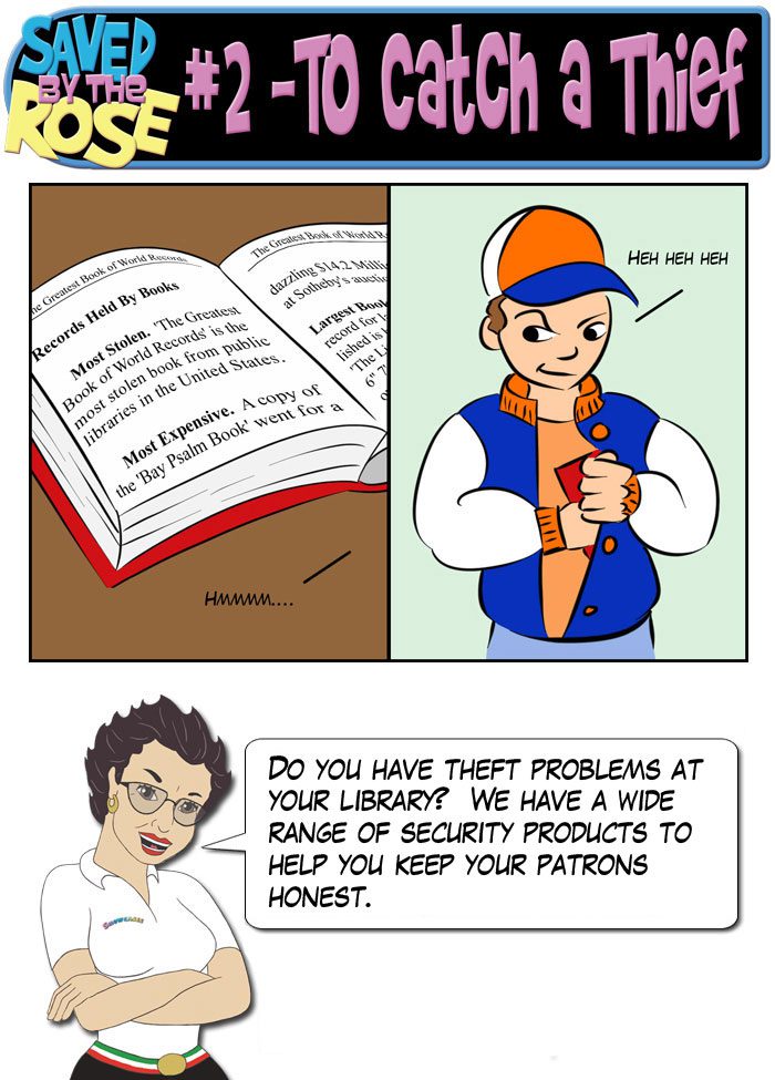 Comic about library theft prevention products.