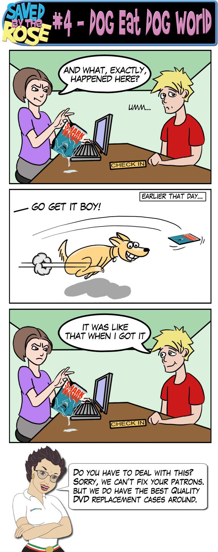 Comic strip about dog chewing DVD case.