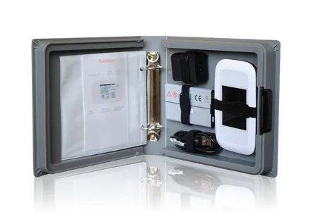 Open case with electronic device and accessories.