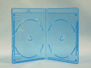 Open empty blue double disc case.