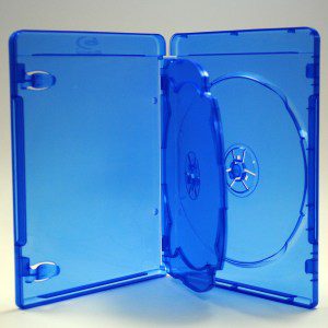 Open blue empty DVD case.
