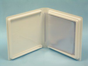 Open white plastic CD or DVD case.