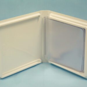 Open white CD case on blue background.