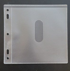 Clear plastic CD sleeve with holes.