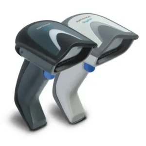 Two handheld barcode scanners, one black and one white.