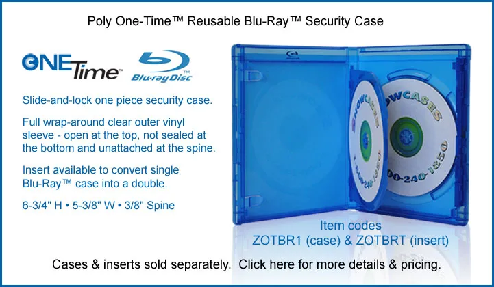 Blue reusable Blu-Ray security case with clear window and lock seal.