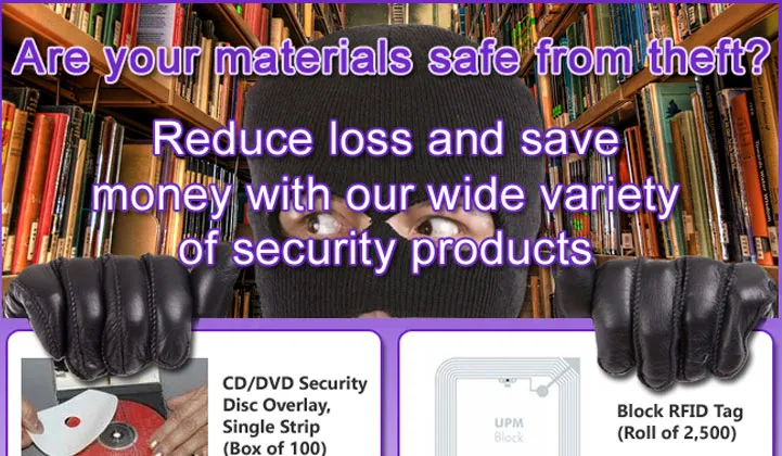 Promotional display advertising security products for CDs and DVDs.